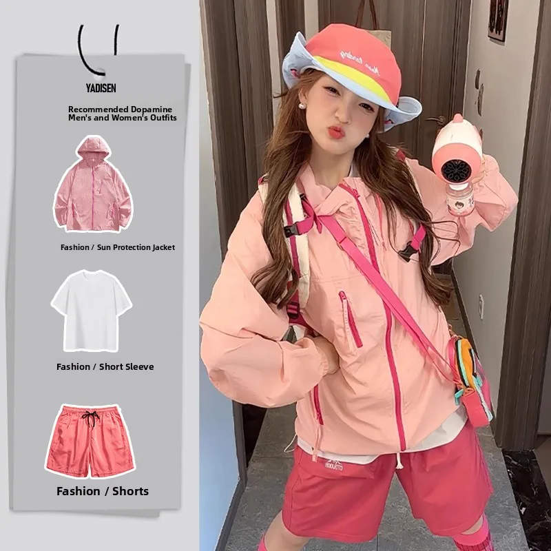 

Dopamine Pink Hooded Sun Protection Clothing Set Ice Silk Quick Dry Outdoor Lightweight Skin Shirt for Men And Women