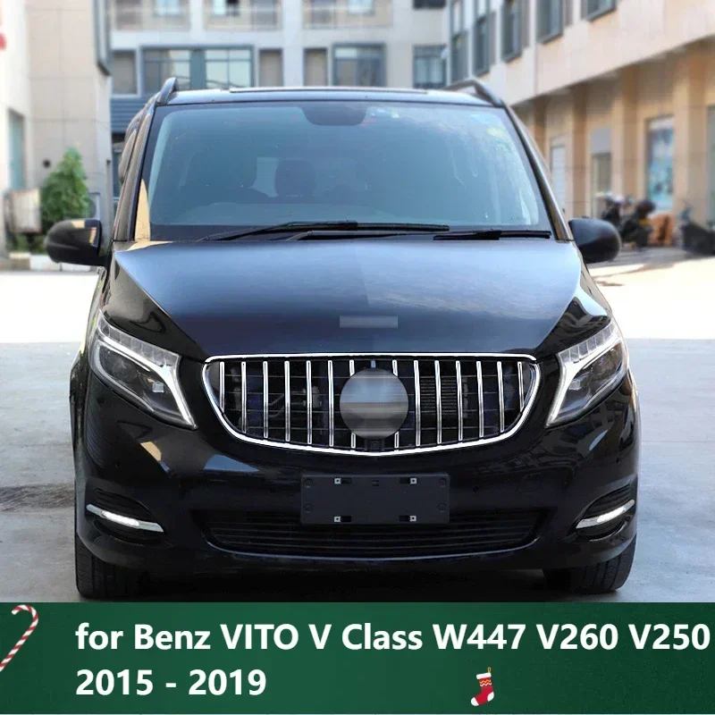 

New！ Grille Mesh for Benz VITO V Class W447 V260 V250 2015 - 2019 Racing Grill with Camera Front Bumper High-Gloss Chrome Decora