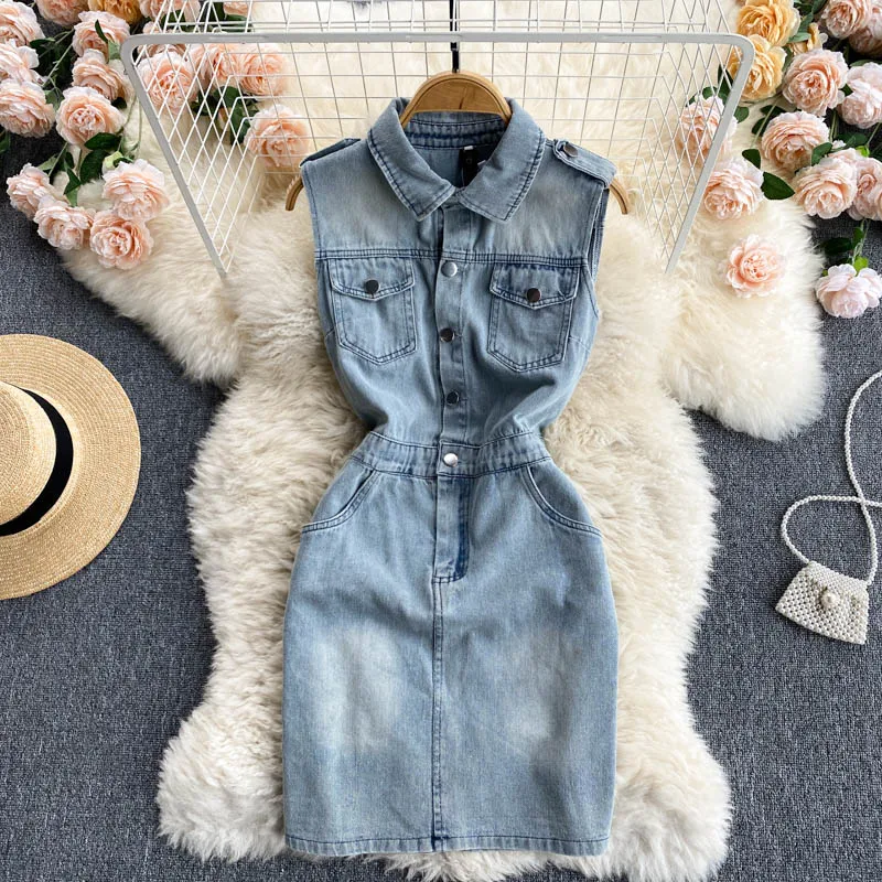 Summer Women Denim Dress Turn Down Collar Sleeveless Washed Denim MIni Dresses 2023 New Chic Female Slim Vestido