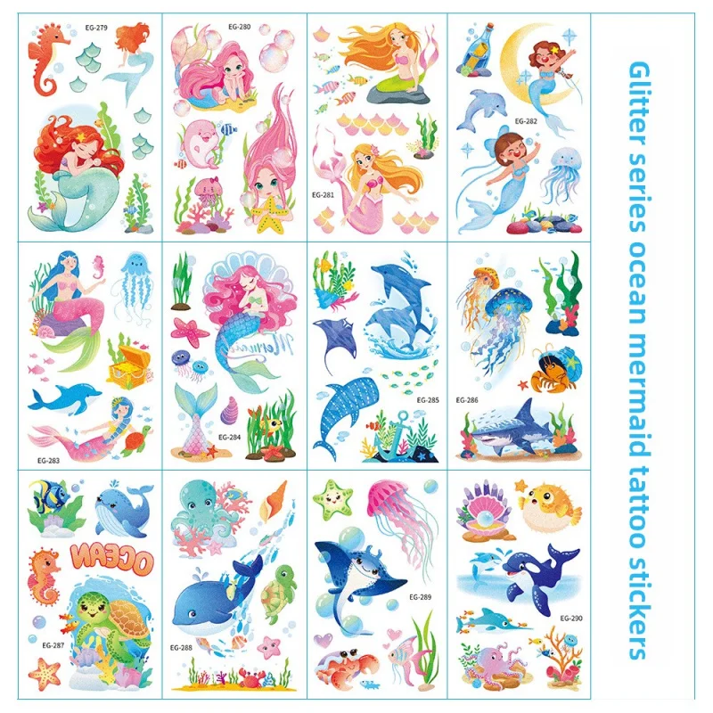 

12 блестящих наклеек с татуировкой океанской русалки для девочек, водонепроницаемые, мультяшные, милые наклейки с водяным знаком в виде костюма русалки