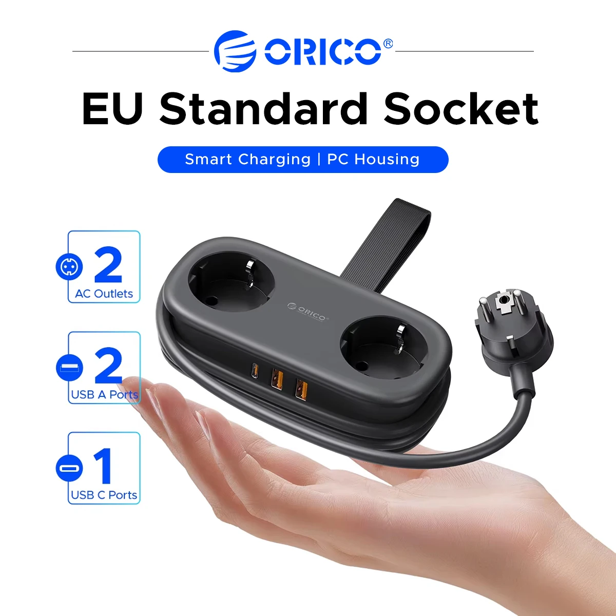 ORICO EU Plug 20W PD Fast Charging Power Strip Portable Extension Cord Socket 2AC 2USB 1USB-C Compact For Travel Household Use