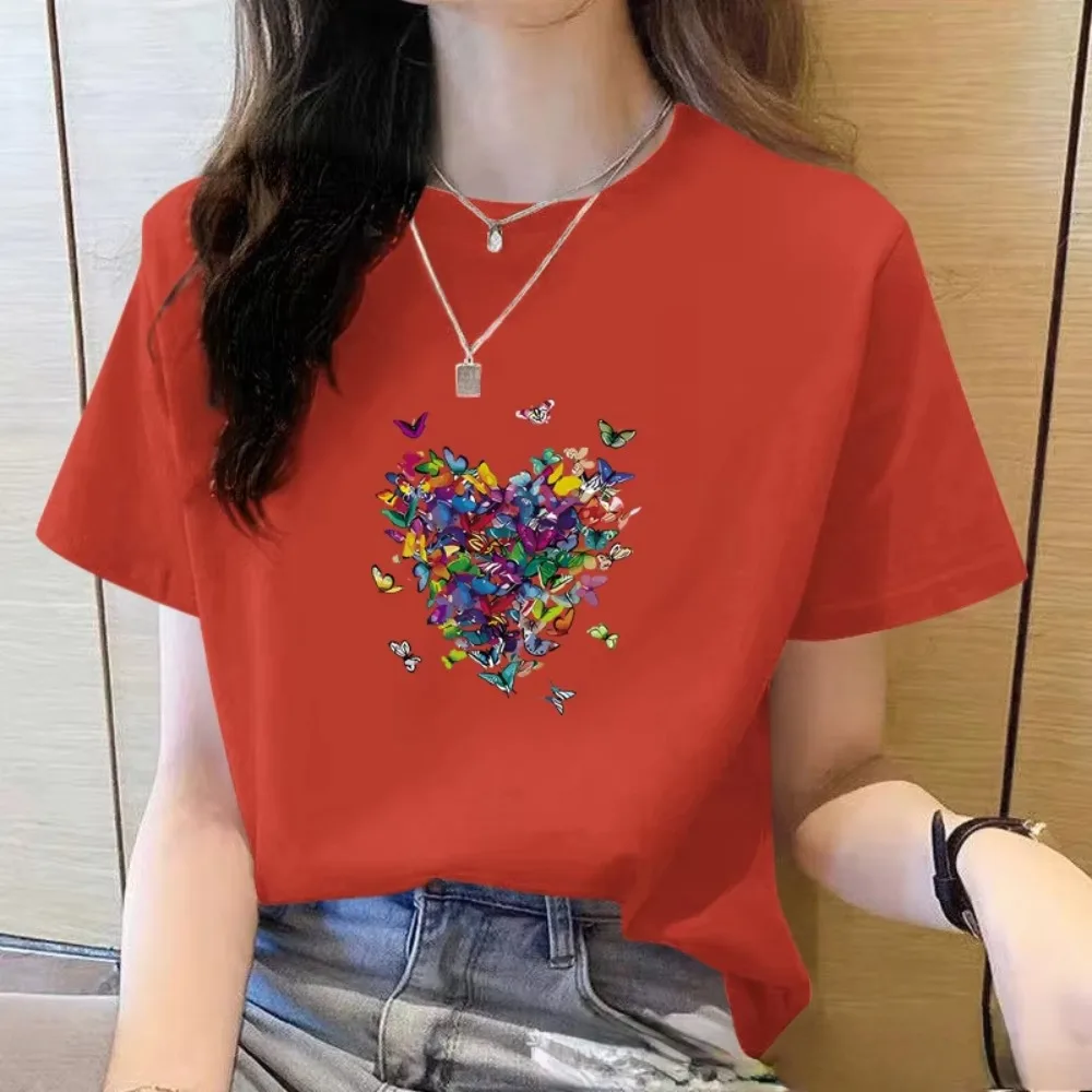 Summer Loose Women T-Shirt High Quality O Neck Butterfly Pattern Short Sleeve Women's Business Wear Short Sleeve T-Shirt
