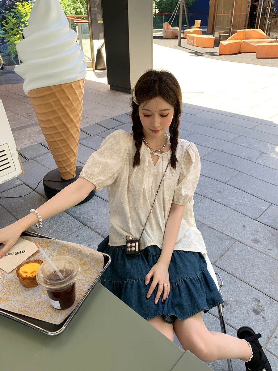 

Женская хлопково-льняная футболка YANUOY с коротким рукавом, ажурная, летняя, милая, с круглым вырезом, в корейском стиле, с принтом