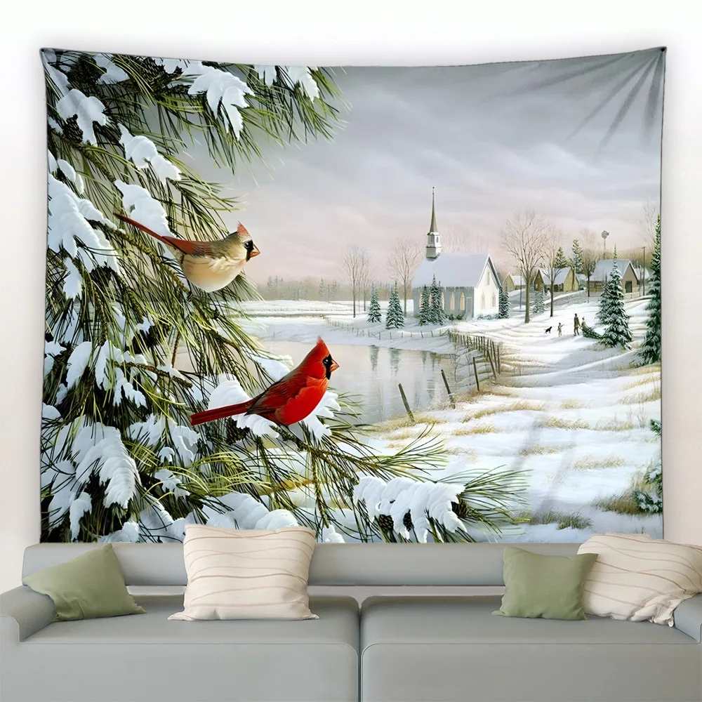 Winter Landscape Tapestry Snow Pine Trees Bird House Lake Rural Nature Scenery Wall Hanging Fabric Home Living Room Decor Murals