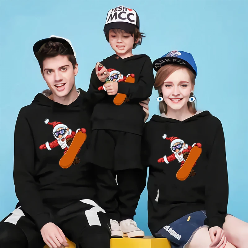 Parent-child Clothing Winter Warm Hooded Sweatshirt Fashion Family Matching Outfits Christmas Santa Snowboarding Print Hoodies