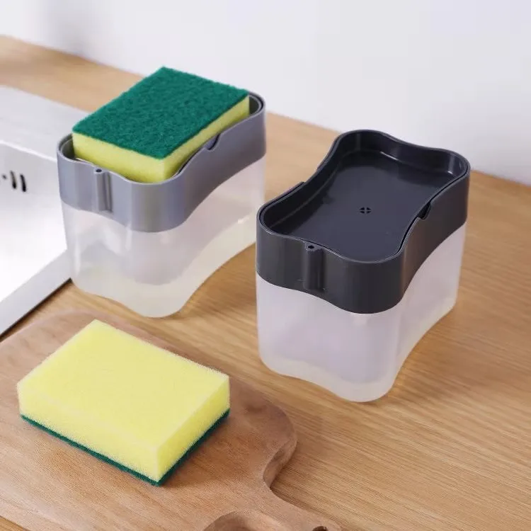 Household Kitchen 2 In 1 Pressing Soap Liquid Box, Easy To Replenish, Durable, For Sponge, Dish Cloth, Pot Brush, Black Grey view 3
