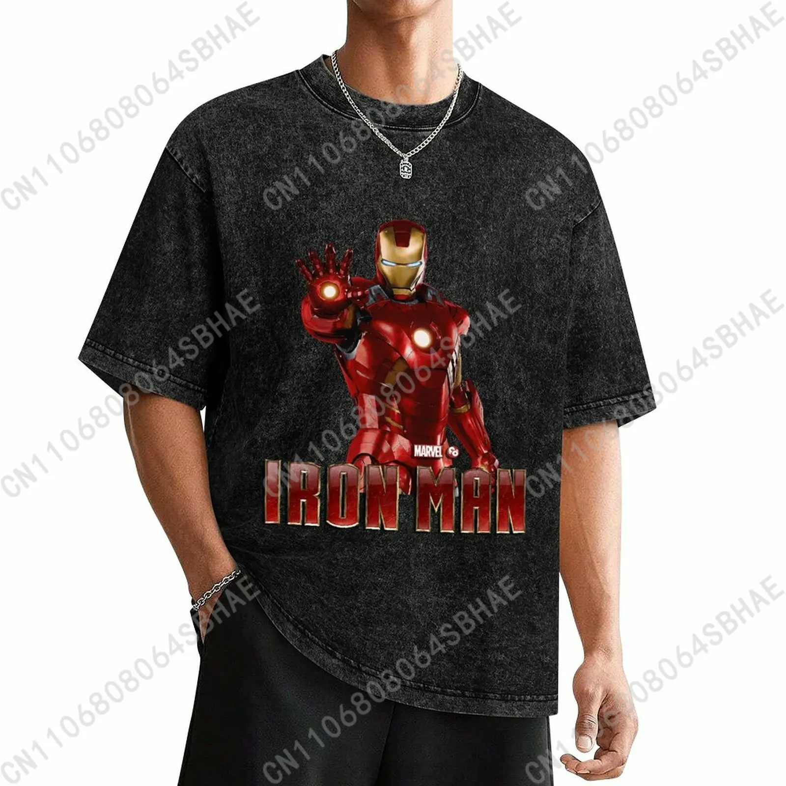 

Marvel Iron Man Custom Mens Vintage T Shirt Washed Distressed Tee Men Retro Short Sleeve Personalized Cotton Shirt Cosplay