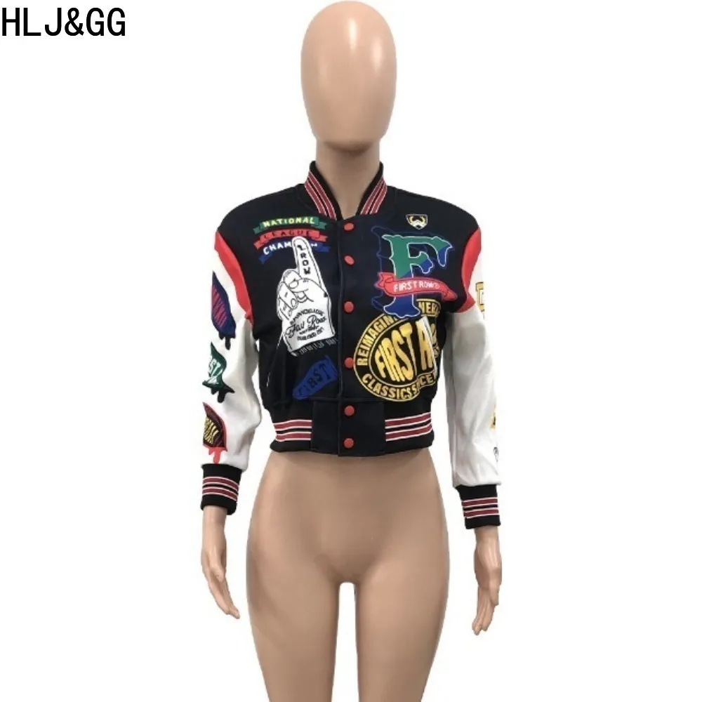 HLJ&GG Fashion Street Style Women Letter Print Patchwork Baseball Jacket Women Long Sleeve Button Crop Top Casual Female Coats