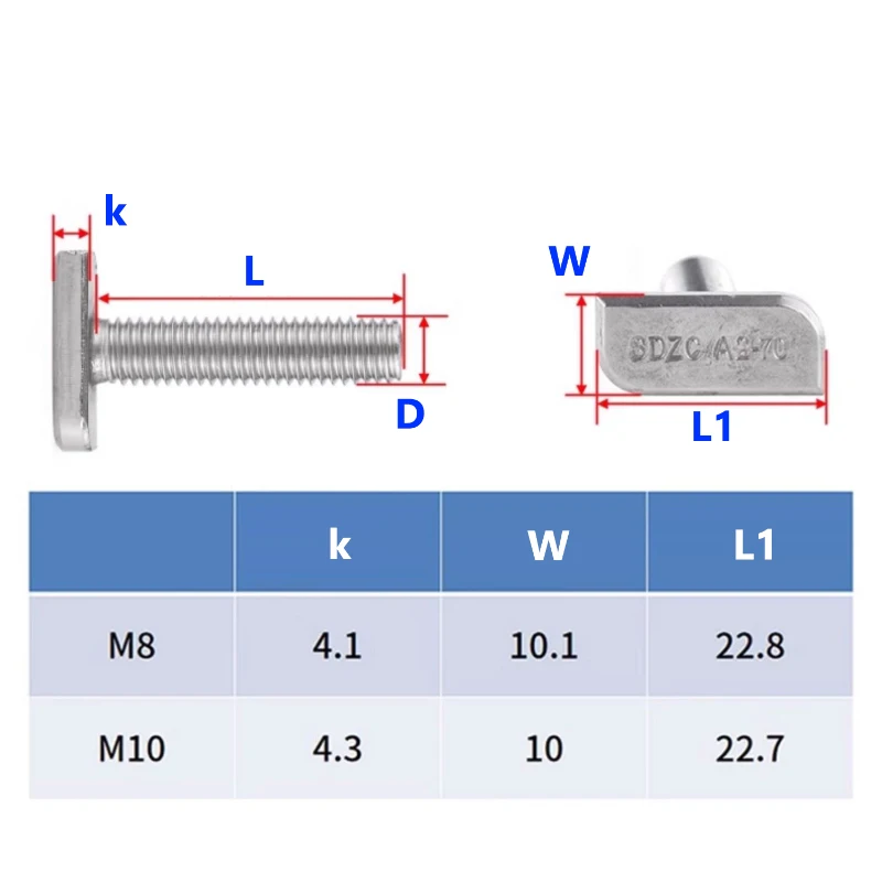 M8 304 Stainless Steel T Shape Scews Bolts Square Head Hammer Head Bolts