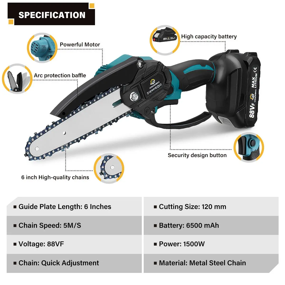 6Inch Electric Chainsaw Brushless Cordless Rechargeable Battery Woodworking Garden Woodworking Power Tool for Makita 18V Battery