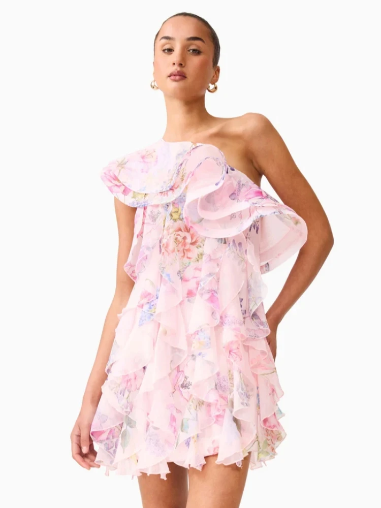 Sexy One Shoulder Multi-layered Ruffles Pathwork Mini Dress Women Pink Printed Slanted Collar Ruffle Slim Dresses Evening Party