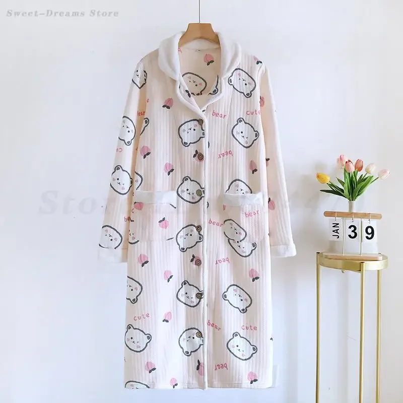 

Long Sleeved Cotton Nightdress Girls Sweet Cute Cartoon Nightgown Autumn Winter Thicken Sleepwear Home Clothes Loose Loungewear
