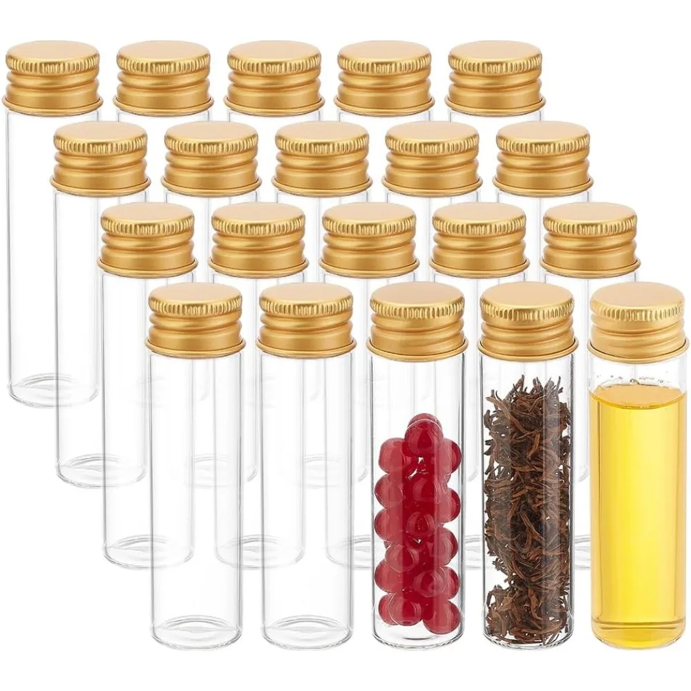 20Pcs 20ml/0.68oz Glass Sealed Bottle with Gold Screw Aluminum Cap Clear Empty Seal Liquid Sample Vial for Samples Message