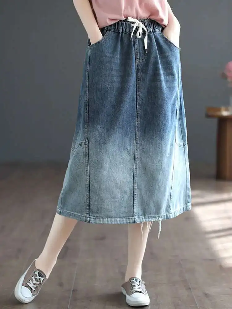 AmaxluluE 2025 تنانير نسائية صيفية فضفاضة عتيقة من قماش الدنيم للسيدات فاخرة كلاسيكية غير رسمية بخصر مطاطي ملابس شارع زرقاء