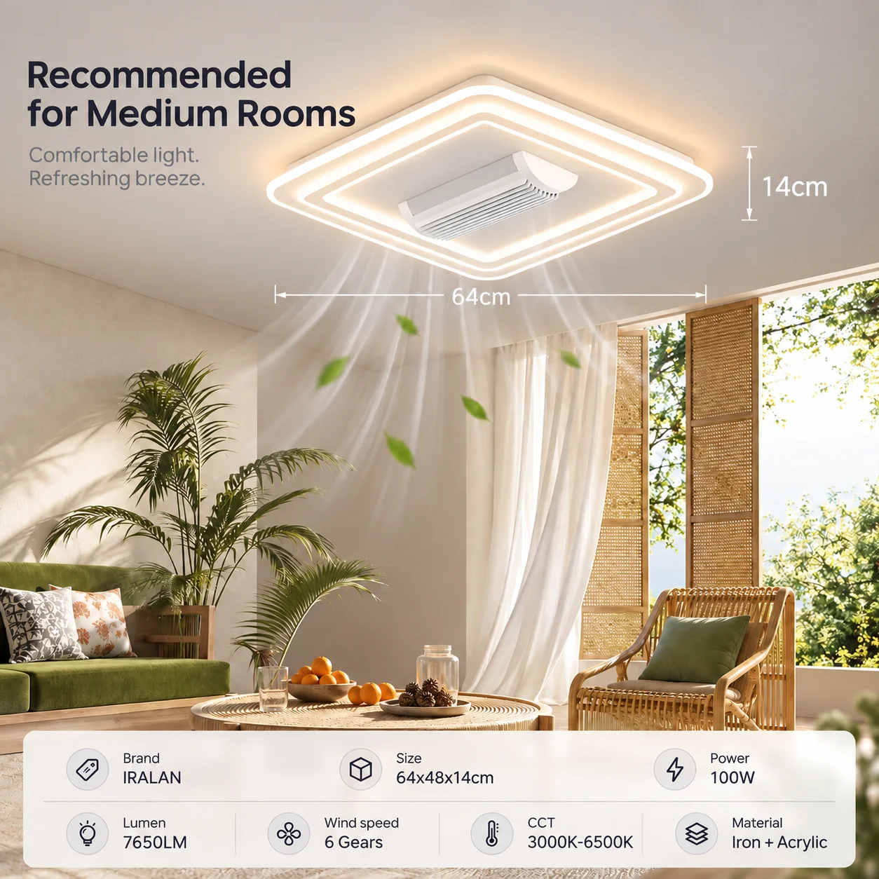 Quadratische Deckenlampe mit Ventilator, moderner, blattloser, intelligenter Lüftungsventilator, Fernbedienung, Dimmbarkeit, 6 Geschwindigkeiten, Heimdekoration, cooler Deckenventilator mit Licht. – Detail 7