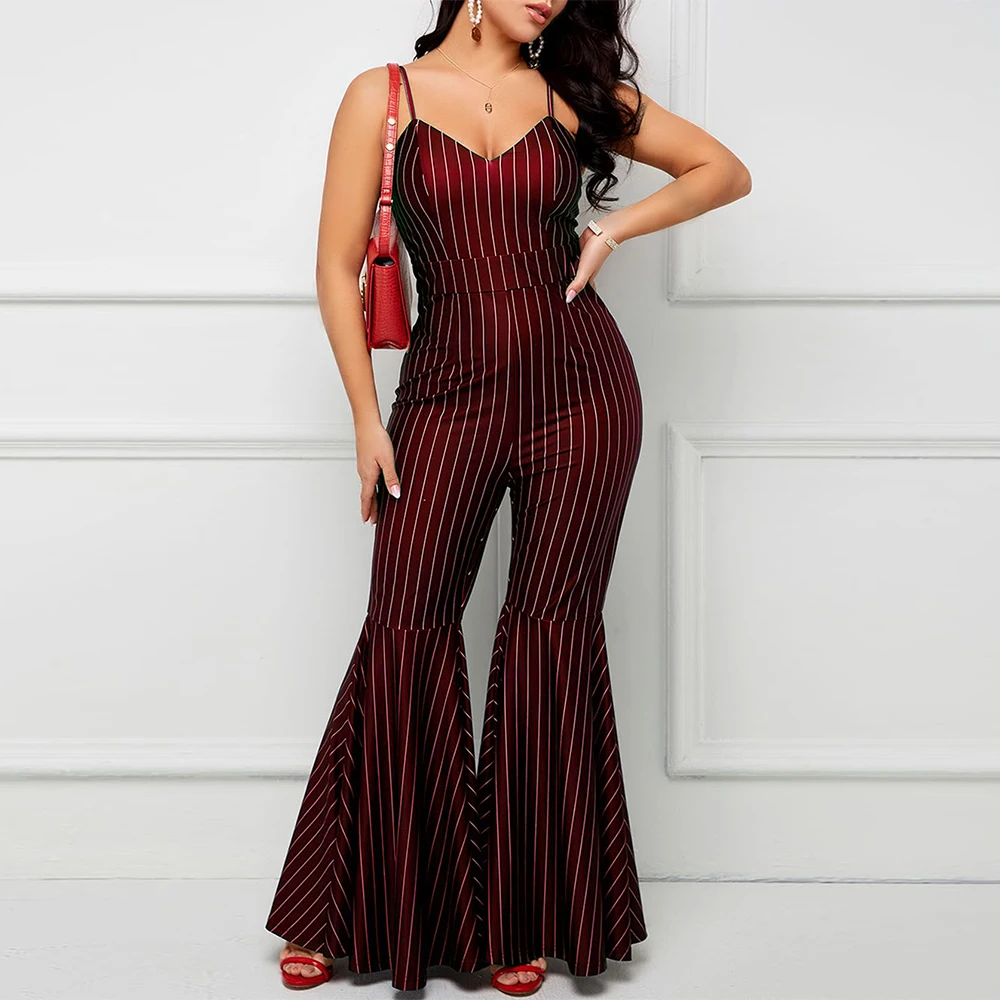 Vertical Striped Printed Suspender White-collar Bell Bottom Pants Womens Jumpsuit