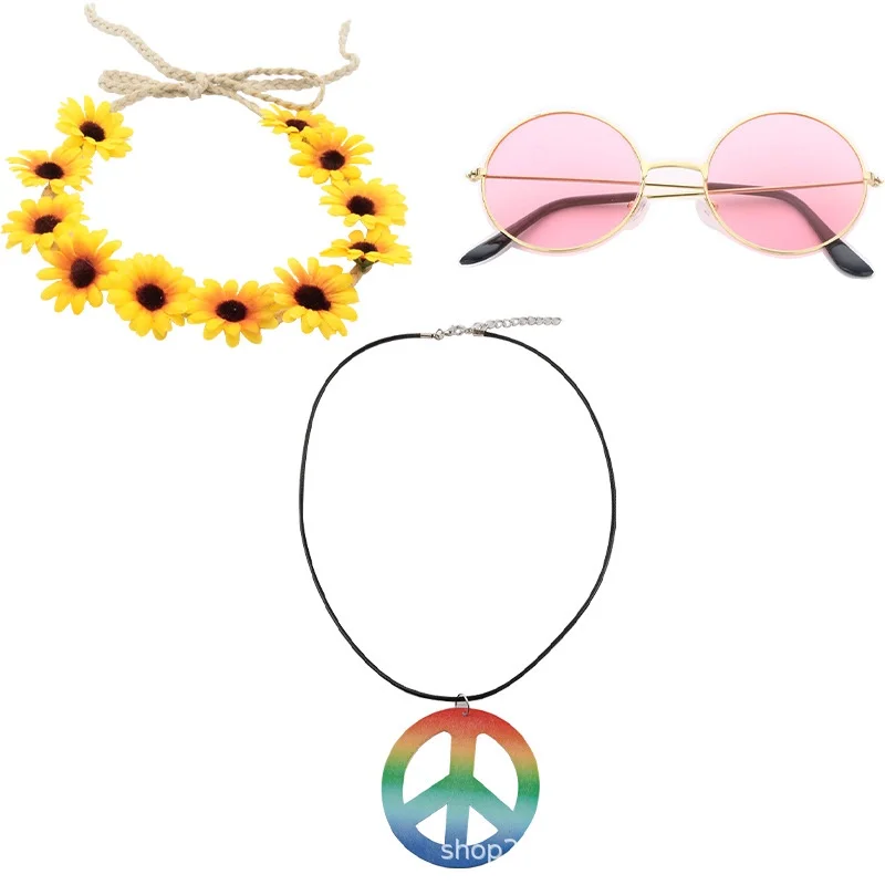 Abiti anni '70 per ragazze donne Costume Hippie Set arcobaleno segno di pace collana fiore copricapo accessori Hippie