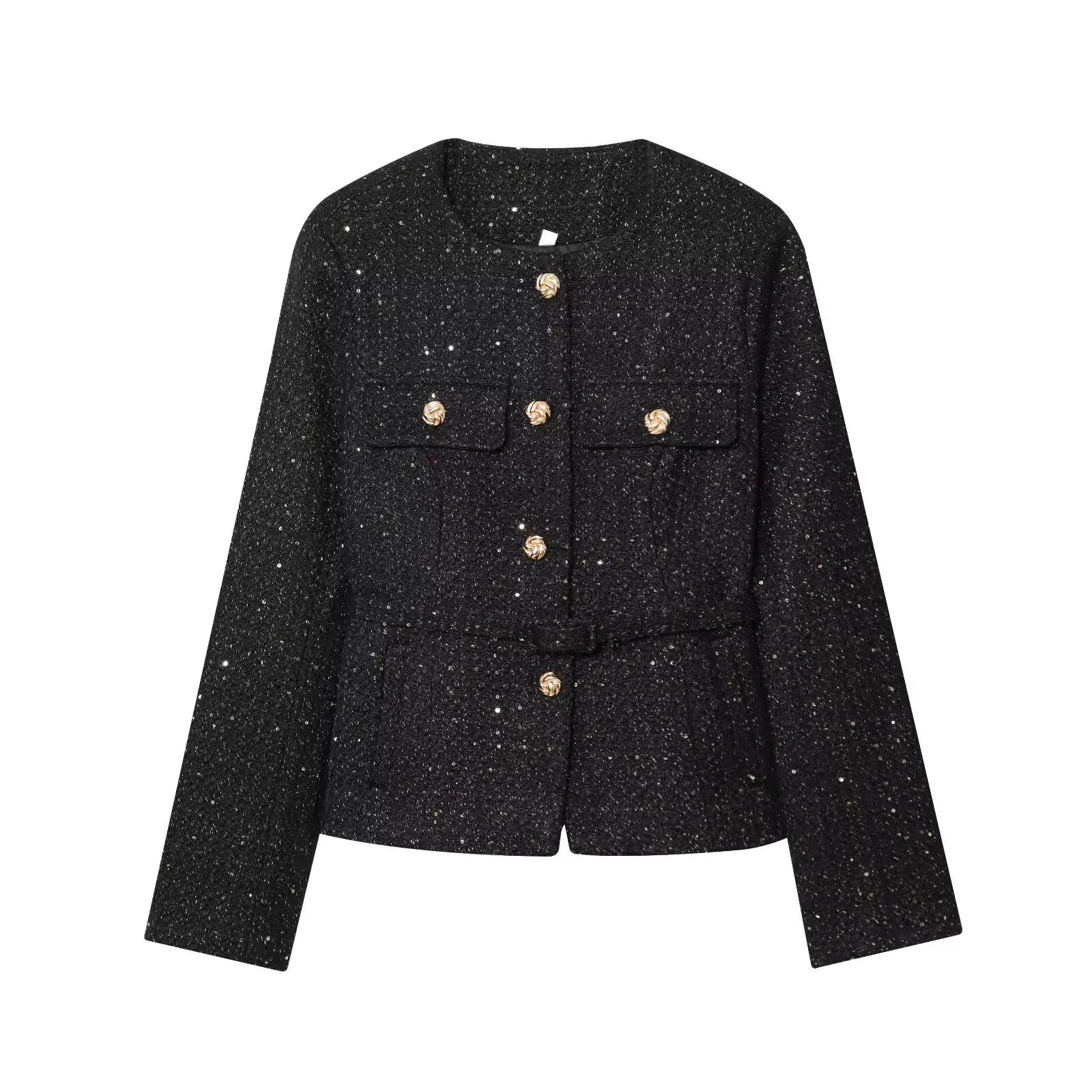 Sparkly Tweed Coat Round Neck Camellia Gold Buttons Detachable Waist Belt Flap Pockets Slim Cropped Elegant Party Outerwear