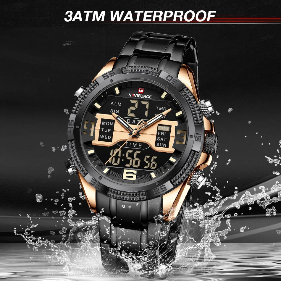 NAVIFORCE Men's Watch Alloy Dial Analog LCD Digital Display Sport Waterproof Quartz Wristwatch Date Chronograph Luminous Clock