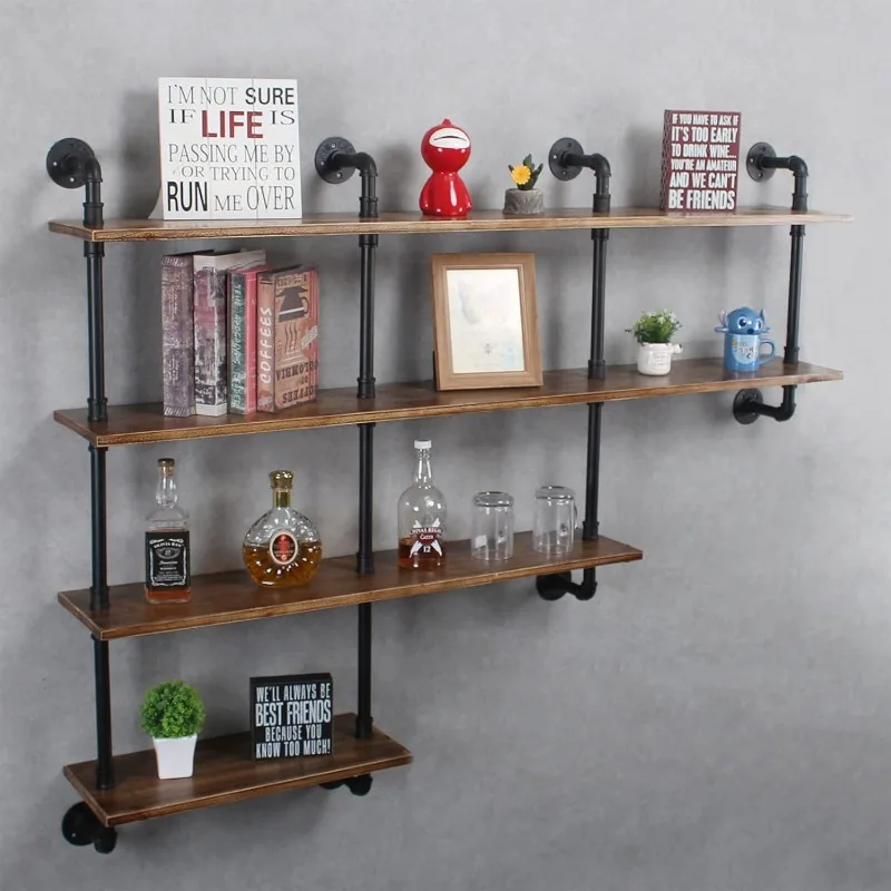 رفوف الأنابيب الصناعية ذات 4 طبقات مقاس 63 بوصة، أرفف عائمة ريفية، أرفف مثبتة على الحائط مع رف النبيذ، جدار مزخرف