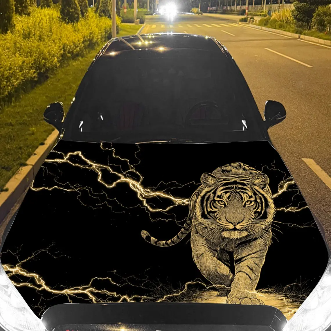 Car Decals Lightning Tiger Pattern Car Hood Sticker, Waterproof Self - Adhesive Vinyl Graphics Decals, Decorative Protective & S