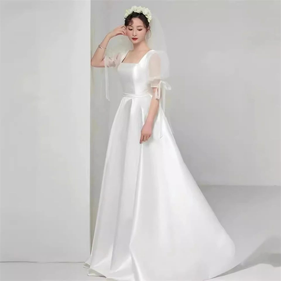 Customized Square Neck Short Sleeves A-line Simple  2025 Wedding Dresses For Woman Sweep Train Bridal Gowns Vestidos De Novia