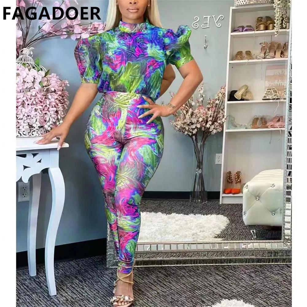 FAGADOER Puff Short Sleeve Retro Floral Jumpsuits Sexy Skinny Jumpsuits For Women Elegant Romper Overall Trousers Party Playsuit