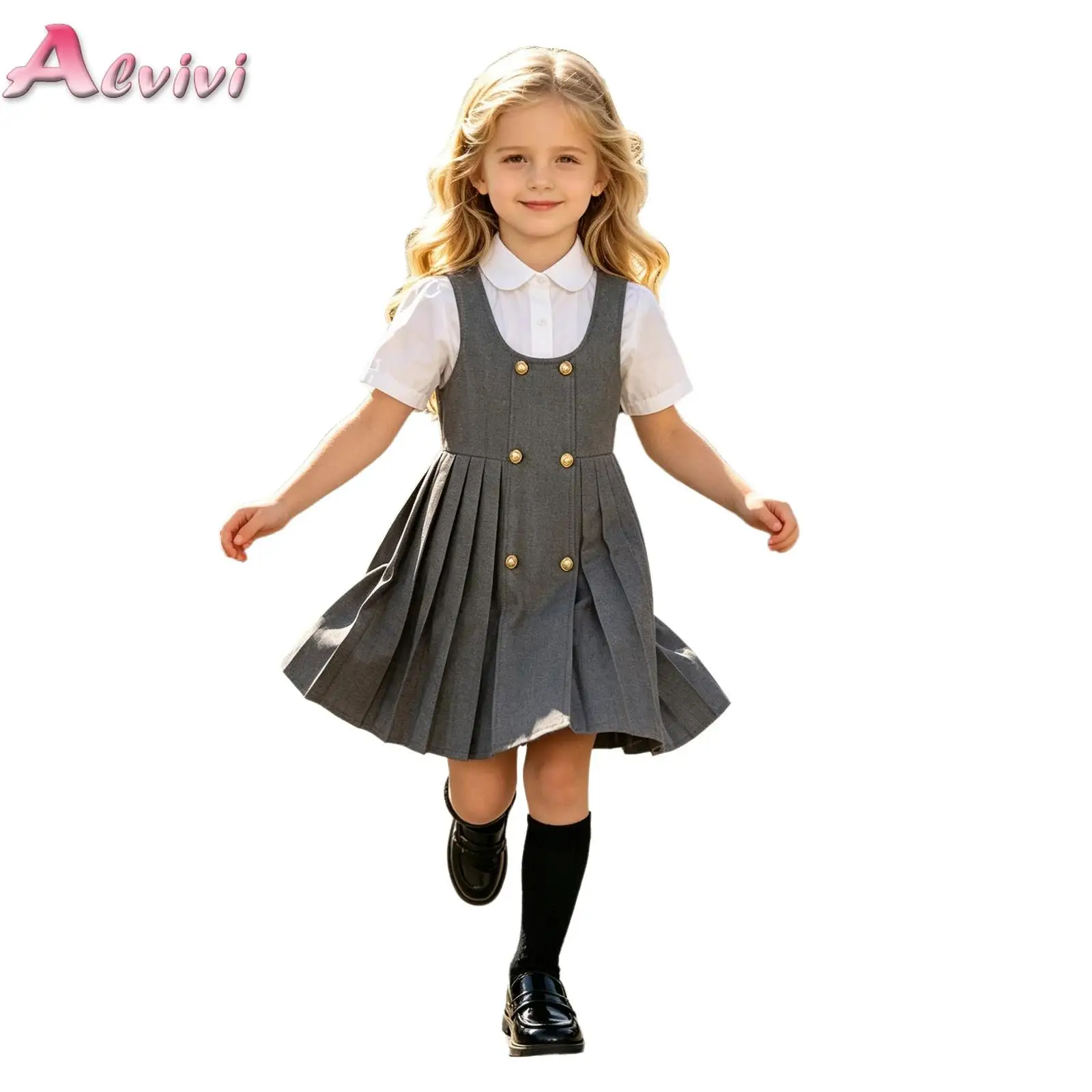 Kids Girls School Uniform Jumper Dress U Collar Double-breasted Decor Sleeveless Pleated A-line Hem Tank Dress College Style