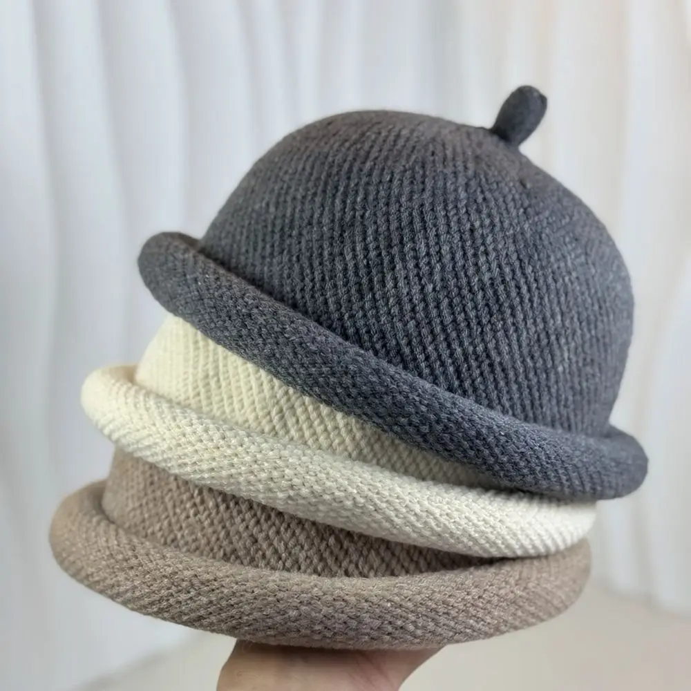 Cute Dome Bucket Hat Japanese Style Rolled Brim Beanie Warm Winter Autumn Cap Soft Knit Casual Fashion Trendy Bonnet