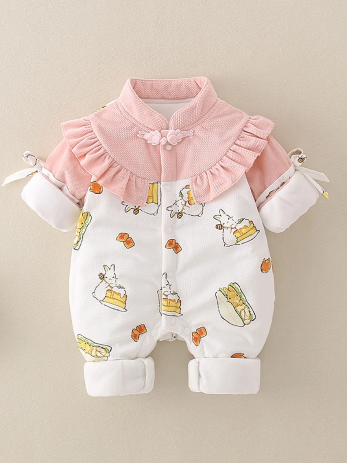 

Baby Girl Winter Rer Fce Lined Long Sve Warm Newborn Suit Cartoon Print Snap Button Cotton Padded Thiened Outfit