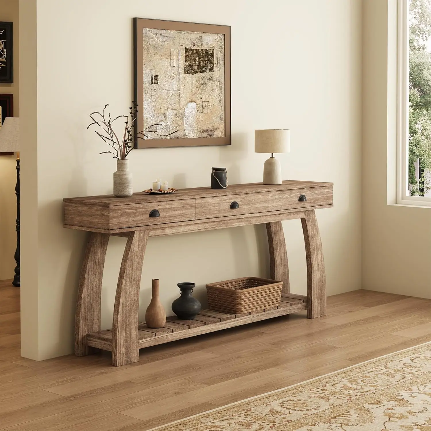 71-Inch Wooden Console Table with 3 Drawers for Entryway, Long Sofa Table with Bottom Shelf and Curved Legs for, Customized
