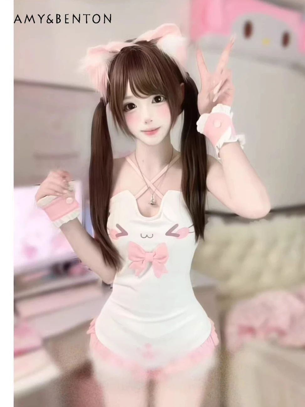 

Original Japanese Lolita Sweet Girl Cartoon Print One-piece Swimsuit Sexy Neck Cute Bow Ruffle Triangle Swimsuit Summer New