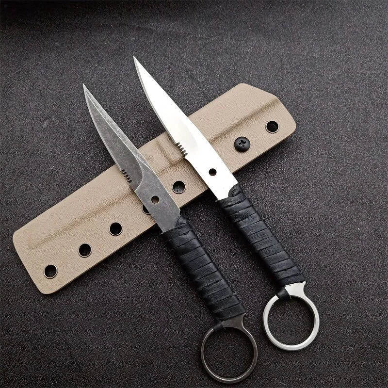 Full Tang Stonewashed Steel Fixed Blade Survival Knife With Pinky Ring, Pu Leather Wrap Handle Tactical EDC Hand Tool W/ Sheath