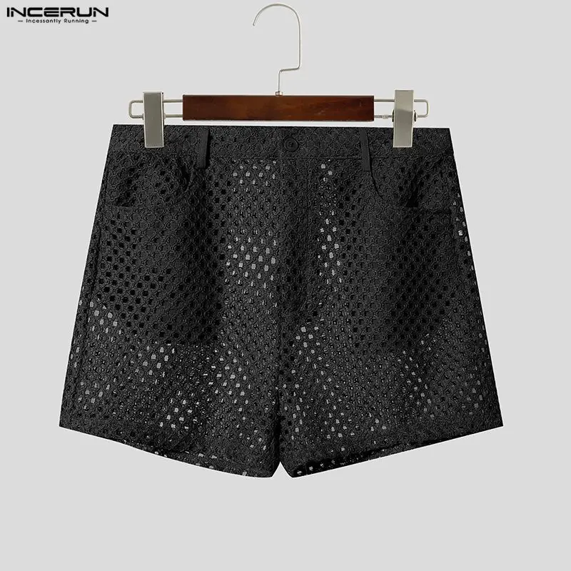 INCERUN Men's Shorts Solid Color Button Hollow Out Mesh See Through Men Bottoms Summer Streetwear Fashion Casual Shorts For Man