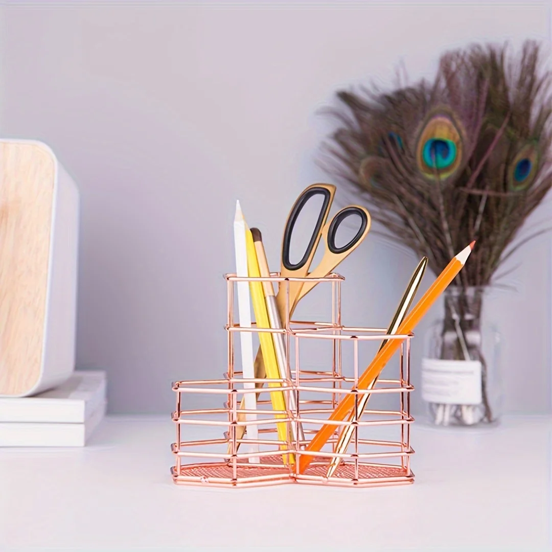 

Golden Hexagonal Desk Tidy | Mesh Triple Holder | Office & Bathroom Organiser | Pencil & Makeup Brush | Rust-Proof Pencil Pot