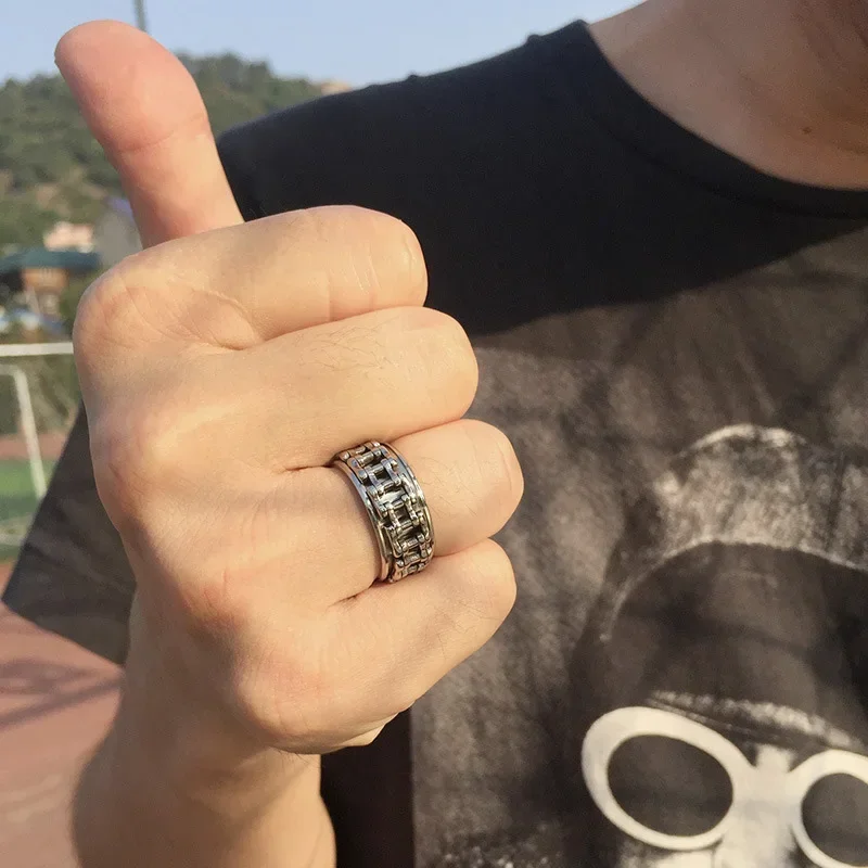 Punk 9.5mm Motorcycle Chain Link Spinner Rock Ring for Men Stress Relief Bike Rotatable Band Finger Male Jewelry Stainless Steel
