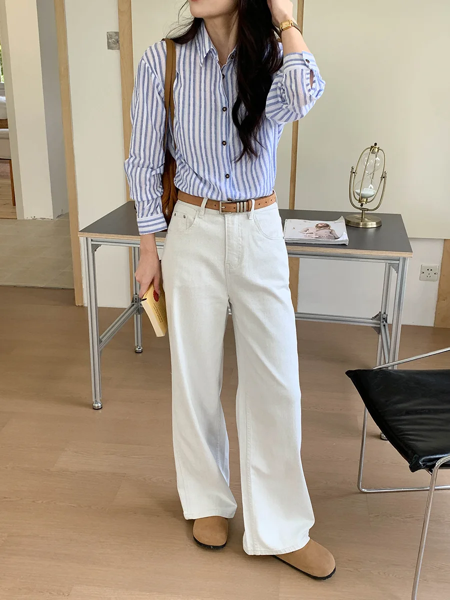 

Весенне-летняя женская повседневная свободная рубашка в полоску с лацканами и длинными рукавами