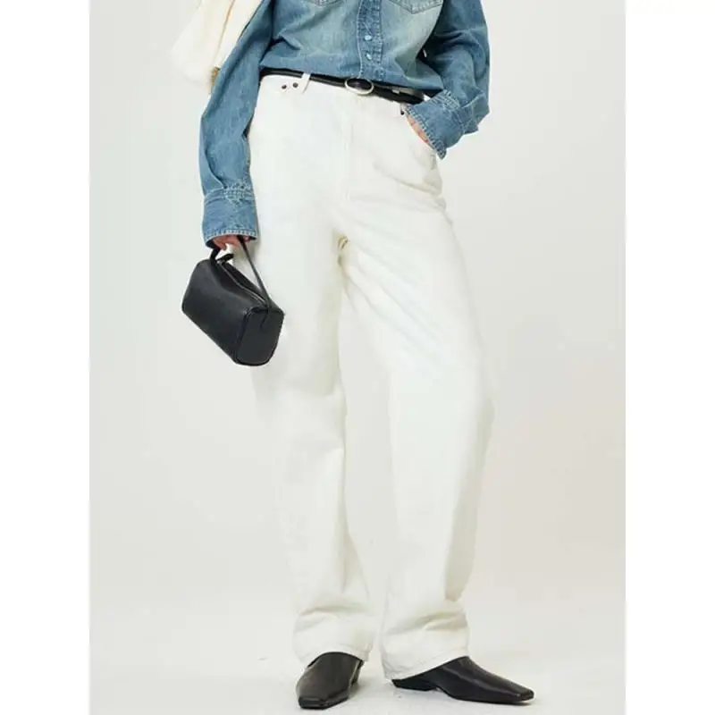 

Maxdutti Minimalist Cotton White Comfortable Casual Straight Leg Jeans For Woman Clothes Slim Wide Leg Jeans Women Denim Pants