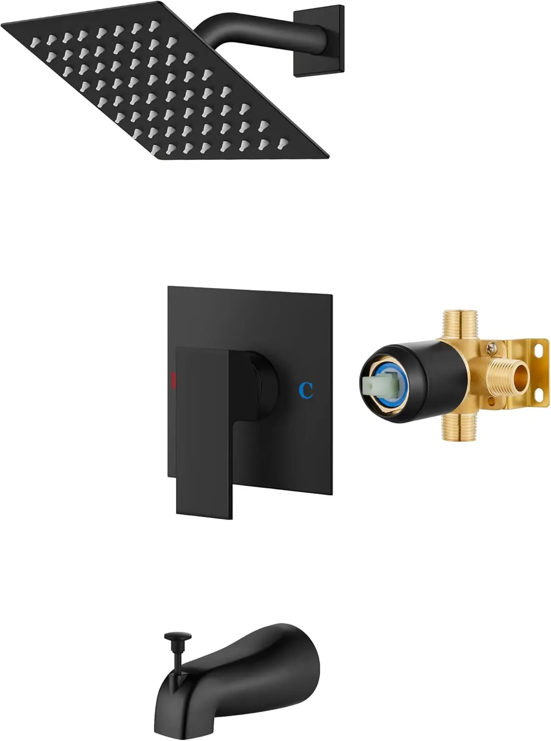 

Matte Black Shower Faucet Set with Tub Spout, Rainfall Square Showerhead, Solid Brass Valve - 6 Inch
