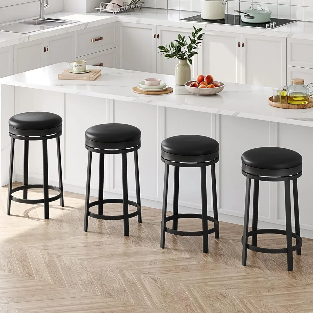 24'' Swivel Bar Stools Set of 4 with Footrest, Modern Counter Height Barstools with PU Leather Upholstered and Metal Frame, Bac