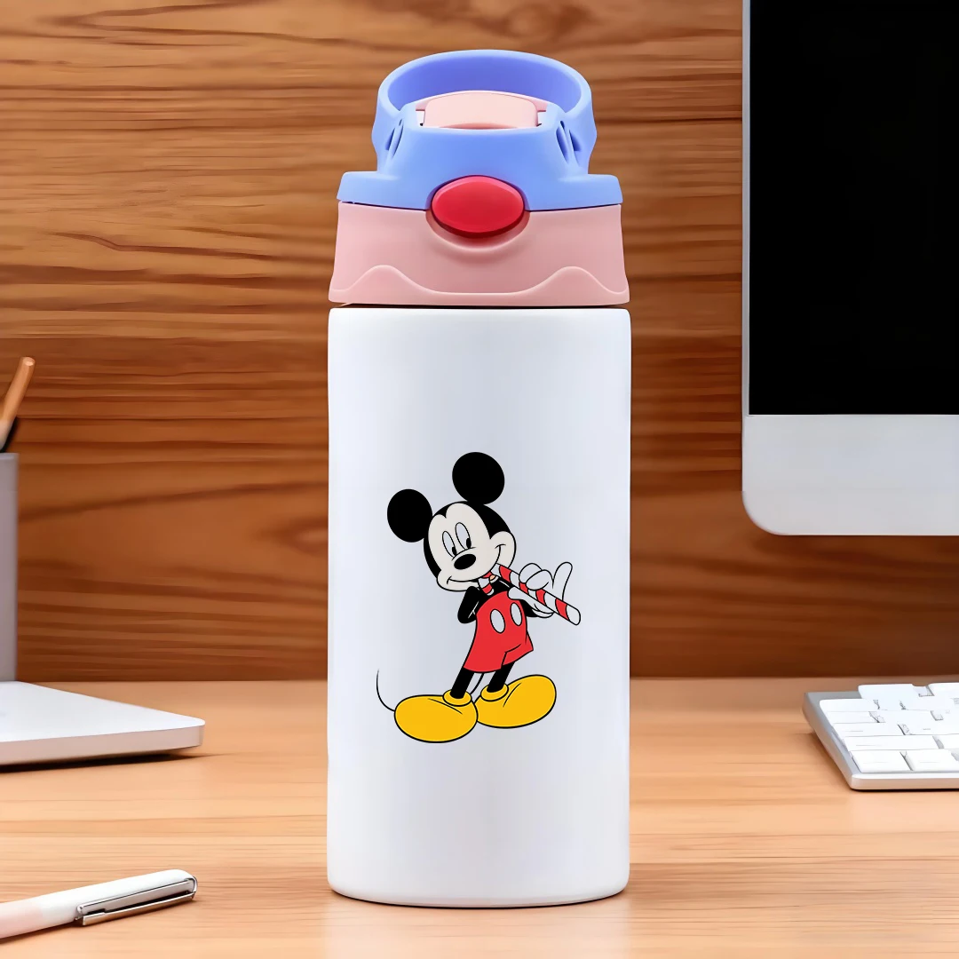 

Disney vacuum cup with classic Mickey Mouse cartoon character candy stick thumbs up gesture light yellow che