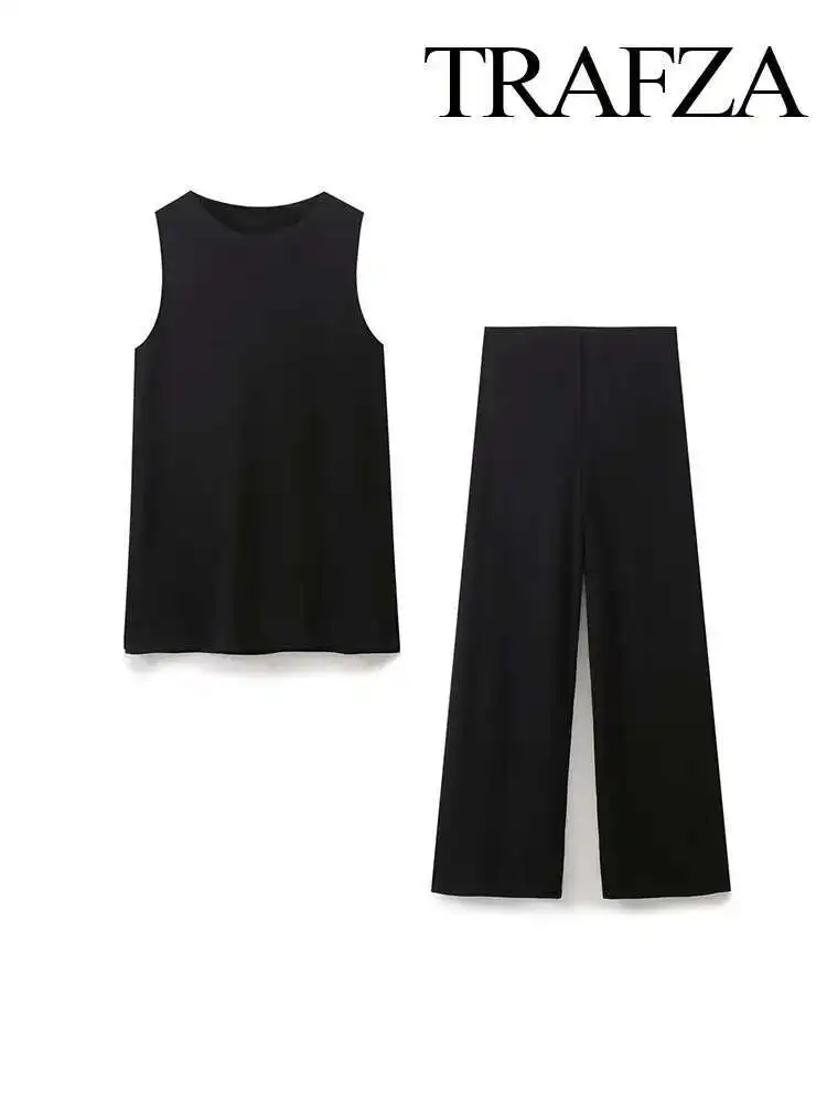 

Новый летний модный вязаный хлопковый женский уличный топ без рукавов с круглым вырезом, прямые свободные широкие брюки в стиле ретро, комплект из 2 предметов