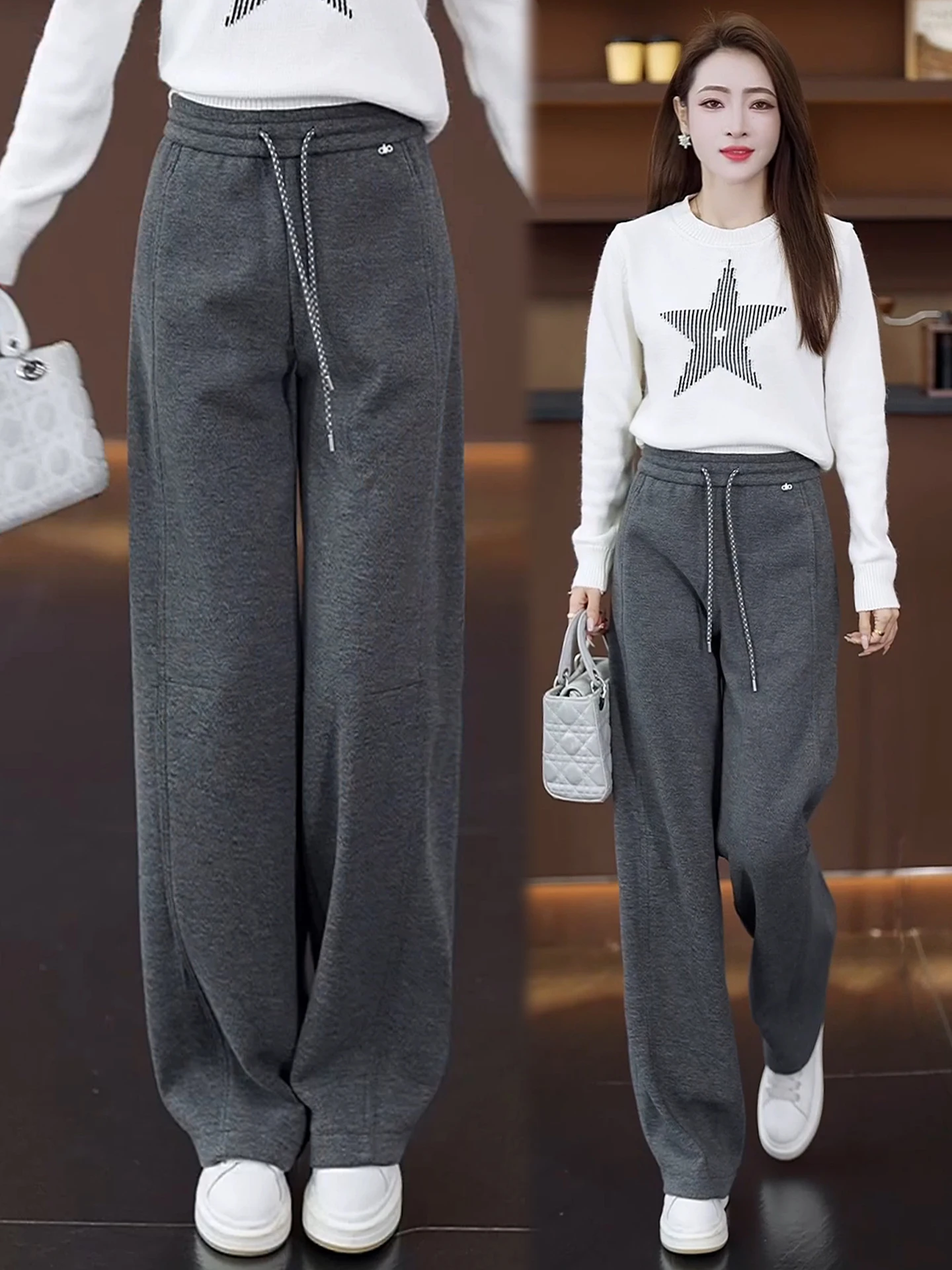 

High Waist Fleece Lined Acetate Wool Wide Leg Pants Women's Casual Straight Cut Trousers Autumn Winter New Style Loose Fit