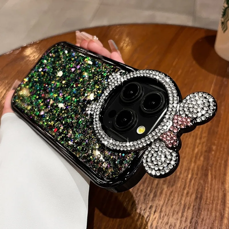 Diamond Bear Ear Case for iPhone 15 Pro Max 14 Pro 12 13 Pro Max Colorful Sequin Plating Silicone Soft Luxury Girl's Cute Cover