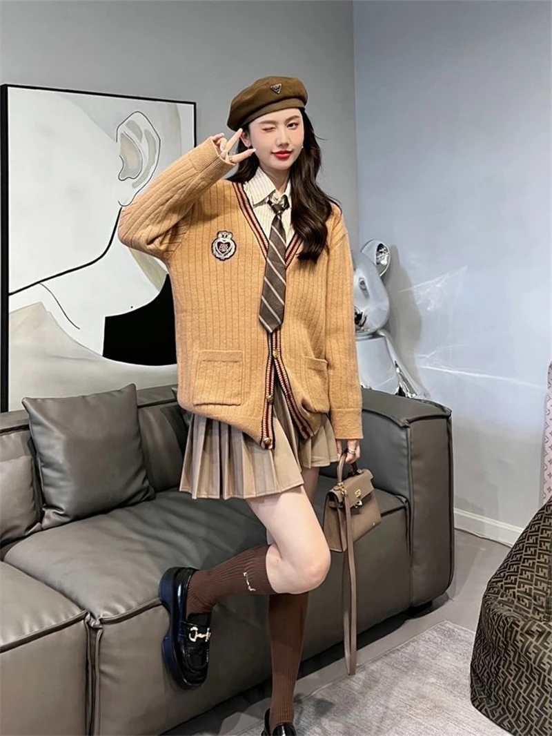 Japanese Korean Retro V-neck Knitted Sweater Cardigan Set Cotton Women Long Sleeved Autumn/Winter Khaki JK Uniform 4-piece Set