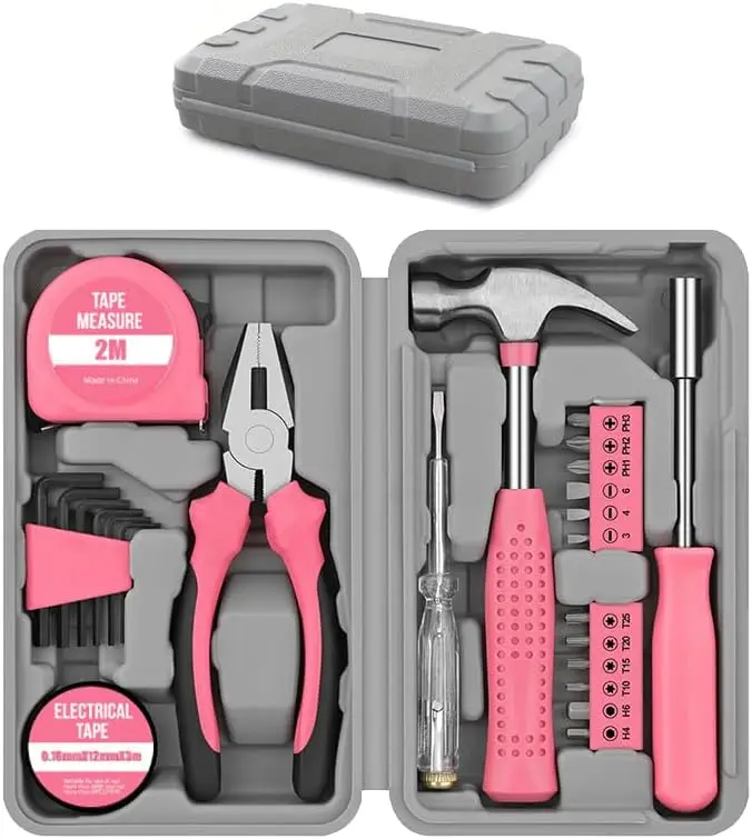 24Pcs Pink Home Repair Tool Kit for Women - Compact Mini Starter Hardware Set with Hammer, Pliers, Screwdrivers - Portable House