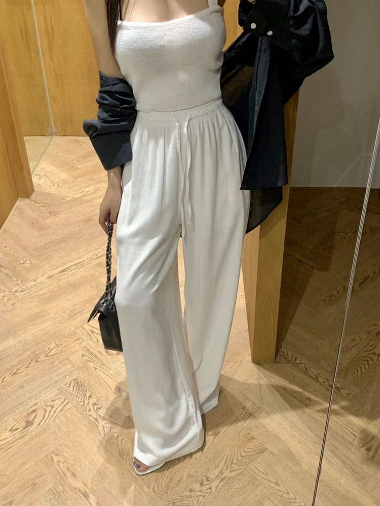 

Модные корейские брюки с высокой талией и широкими штанинами, женские повседневные брюки, белые прямые длинные брюки прямого кроя, визуально стройнящие фигуру