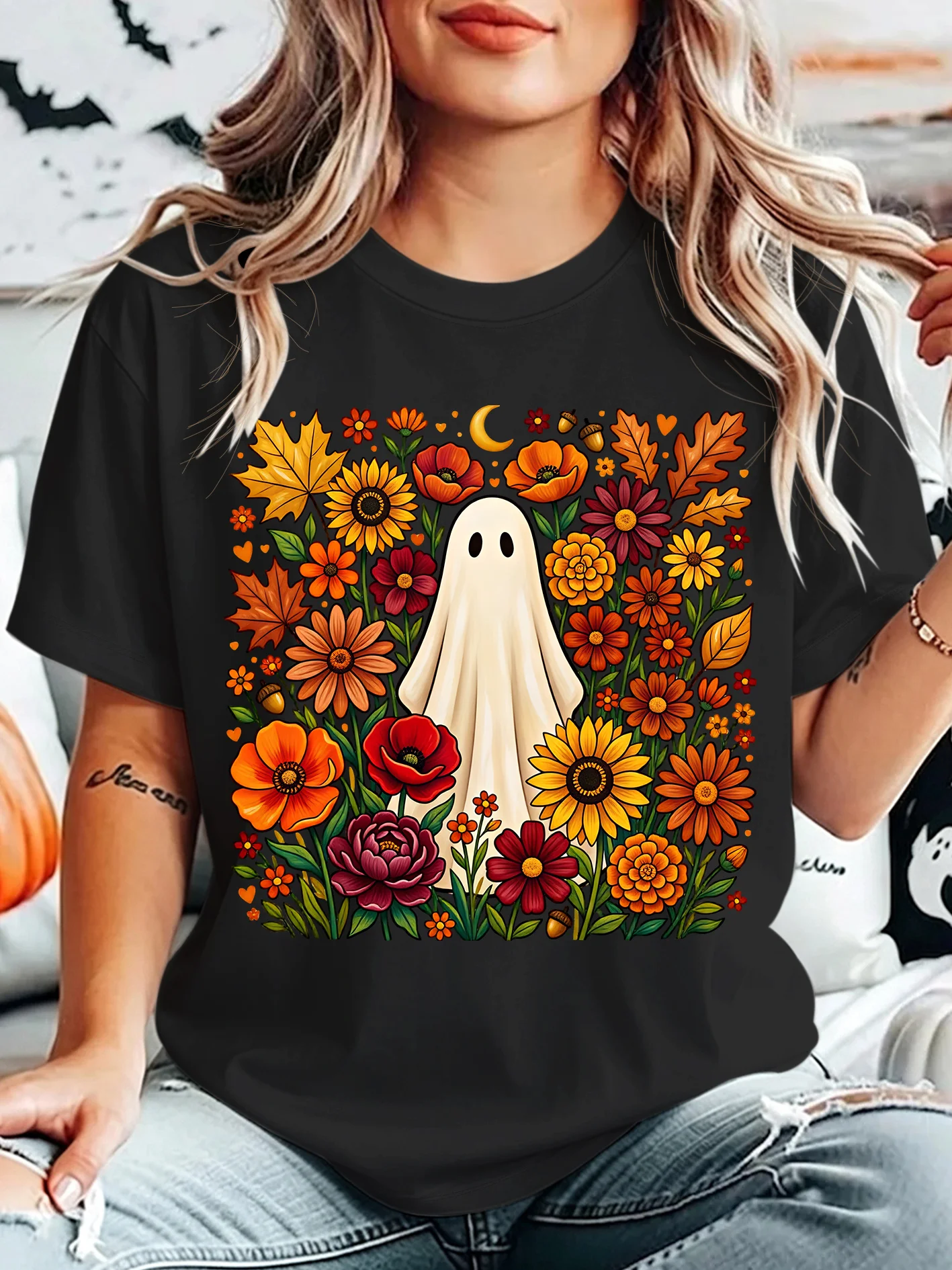 Cute Fall Floral Ghost Womens Crew Neck Short Sleeve T Shirt Autumn Sunflower Maple Leaf Moon Halloween Graphic Tees For Ladies