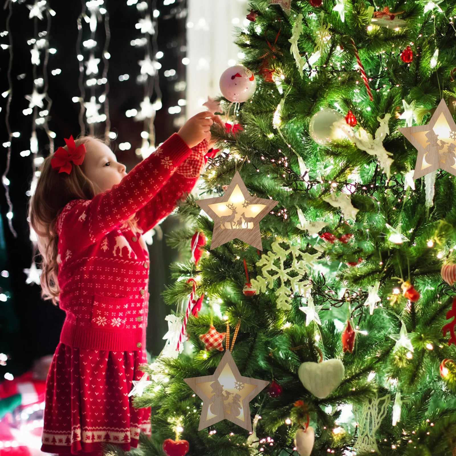 

2pcs Luminous Five-Pointed Star Wooden Decoration Pendant Warm Light Christmas Ornament Snowflake Deer Pattern Home Festival