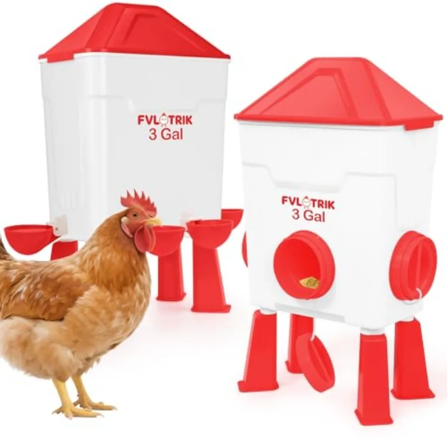 

3 Gallon Chicken Waterer and Feeder Set with Legs, 2.75' Watering Cups and 3.5" Feed Ports for Large Beaks, Automatic No-Waste
